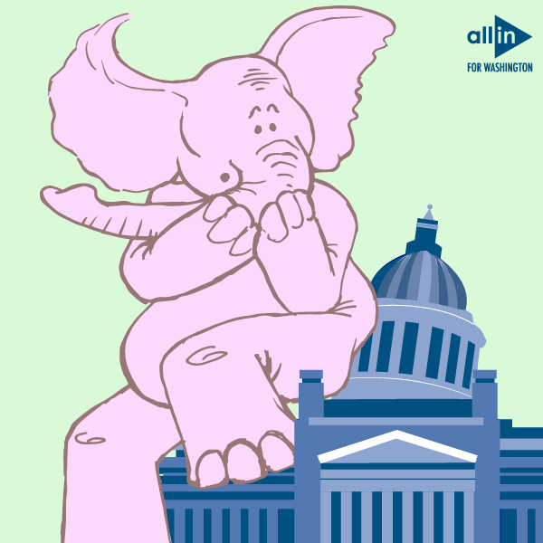 Pink elephant sitting on the capitol building looking concerned