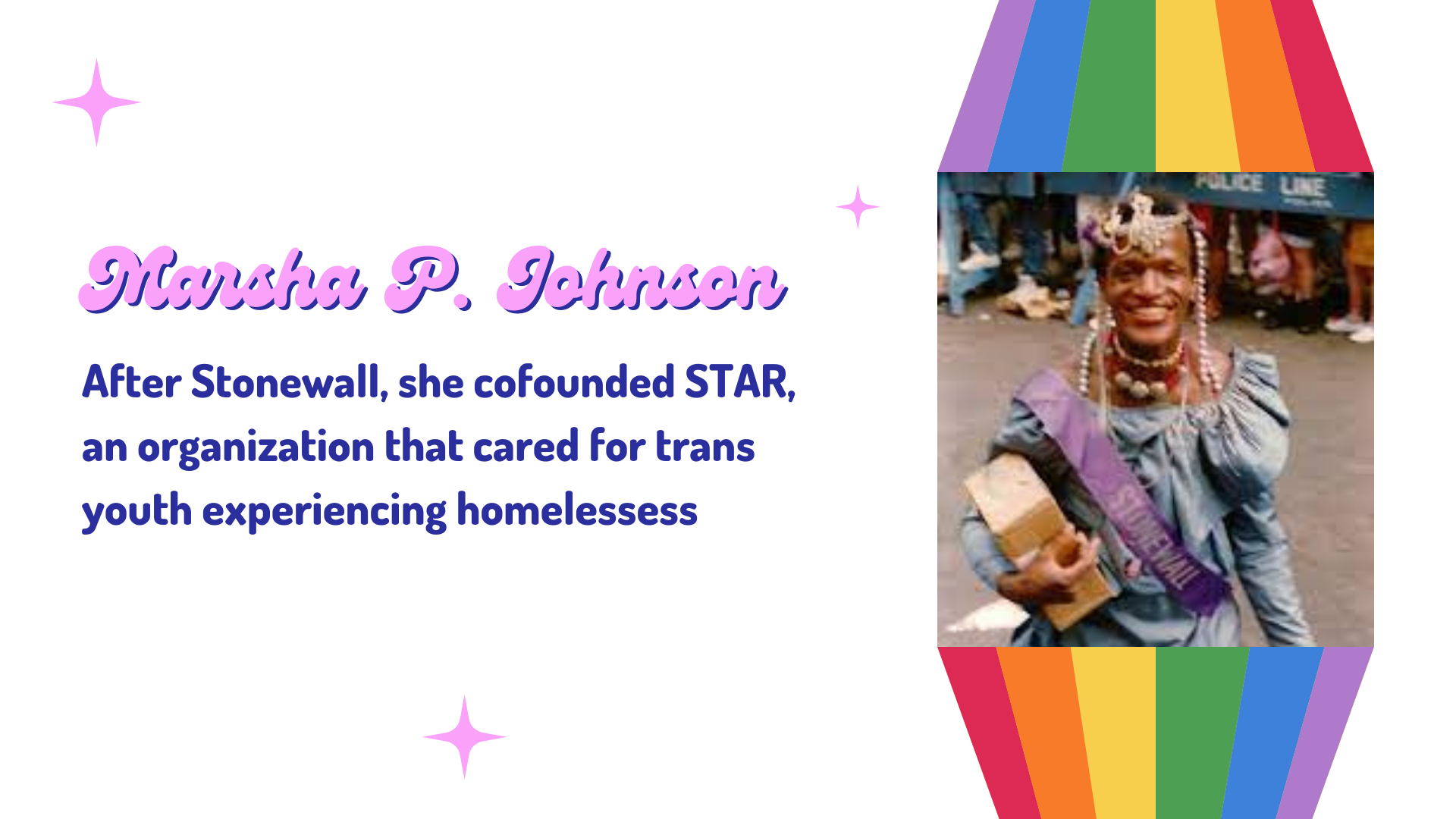 Image of Black woman wearing Stonewall sash and blue dress, rainbow graphics and text saying "Marsha P. Johnson, After Stonewall, she cofounded STAR, an organization that cared for trans youth experiencing homelessess"