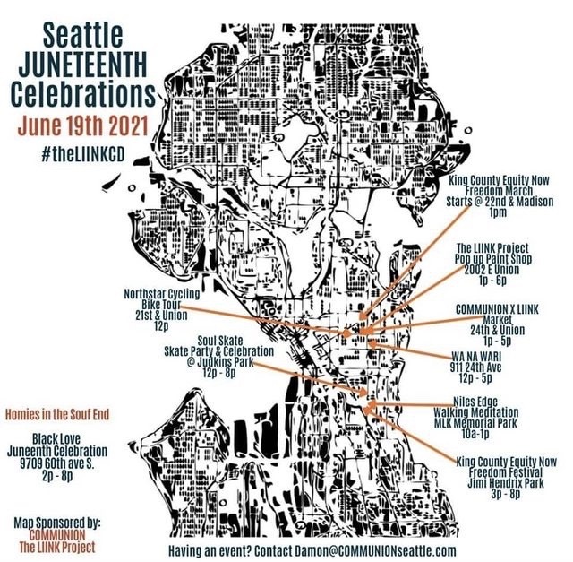 Map of Seattle with Juneteenth events listed from the website linked