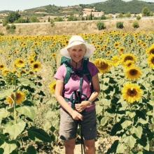 Carolyn Holmes in field of sunflowers